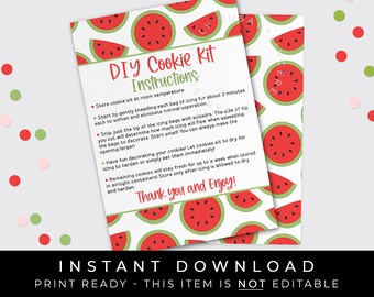 Instant Download Watermelon DIY Cookie Kit Instructions Printable Card, Red Watermelon Summer Royal Icing Cookie Decorating Kit, #276RID VIP
