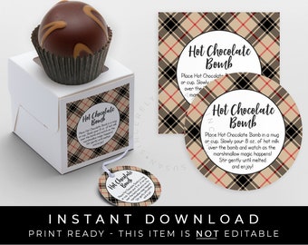 Instant Download Holiday Hot Chocolate Bomb Tag, Printable Christmas Tartan Plaid Caramel Chocolate Bomb Directions, #193AID VIP