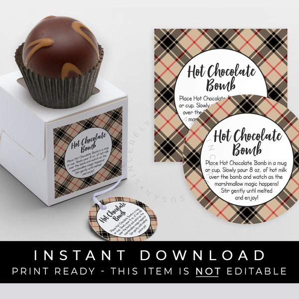 Instant Download Holiday Hot Chocolate Bomb Tag, Printable Christmas Tartan Plaid Caramel Chocolate Bomb Directions, #193AID VIP