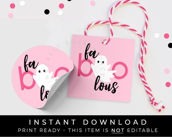 Instant Download Pink Ghost FaBOOlous Halloween Tag, Boo Happy Halloween Printable Cookie Tag, Favor Treat Bag Tag Sticker, #150EID VIP