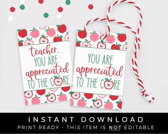 Instant Download You Are Appreciated to the Core Tag Printable, Teacher Appreciation Gift Tag, Apple Teacher Cookie Tag Sticker, #260FID VIP