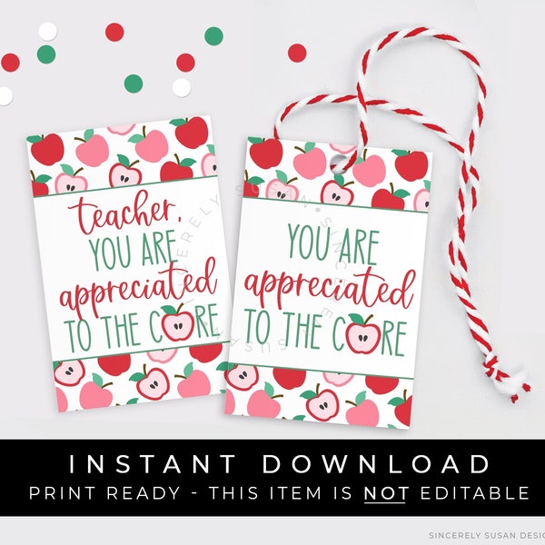 Direct downloaden Je wordt gewaardeerd tot de kern Tag Afdrukbaar, Leraar Waardering Cadeau Tag, Apple Leraar Cookie Tag Sticker, #260FID VIP