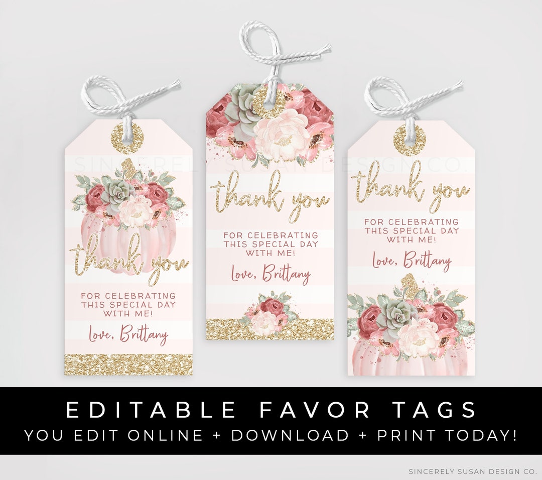 Pumpkin Baby Shower Favor Tags Printable Girl Pink Floral Thank You ...