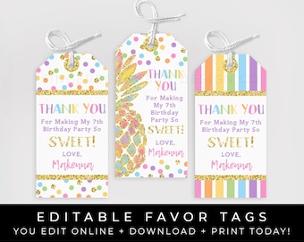 Pineapple Birthday Party Favor Tag Printable Girl Pastel Rainbow Thank You Gift Tags Party Supplies Confetti Editable Template Corjl #017