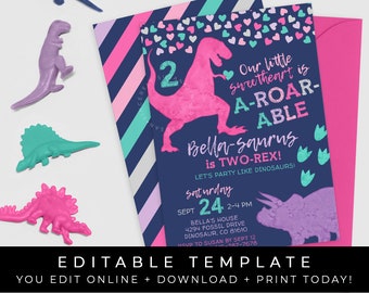 May include: A pink dinosaur with a blue background and pink, blue, and white hearts. The text reads "Our little sweetheart is A-ROAR-ABLE Bella-saurus is TWO-REX! Let's party like dinosaurs! Saturday 24 Sept 2-4 PM Bella's House 4294 Fossil Drive Dinosaur, CO 81610 RSVP to Susan by Sept 12 747-7678"