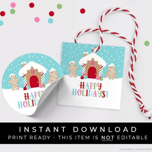 Instant Download Happy Holidays Gingerbread Cookie Tag, Kleurrijke Gingerbread House Gift Tag of Christmas Party Favor Tag, #203DID VIP