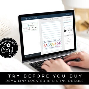 May include: A laptop computer screen displaying a design template with the text "Personalize with your MESSAGE Edit text, fonts & colors!" The template is a lined sheet of paper with a colorful message on it. The laptop is on a white surface.