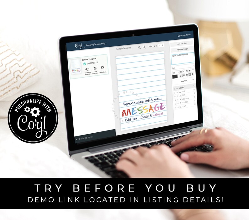 May include: A laptop computer screen displaying a design template with the text "Personalize with your MESSAGE Edit text, fonts & colors!" The template is a lined sheet of paper with a colorful message on it. The laptop is on a white surface.