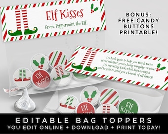 CUSTOMIZABLE Elf Kisses Bag Topper Printable, Personalized Elf Christmas Party Favor, Holiday Kiss Sticker Buttons Editable Template VIP