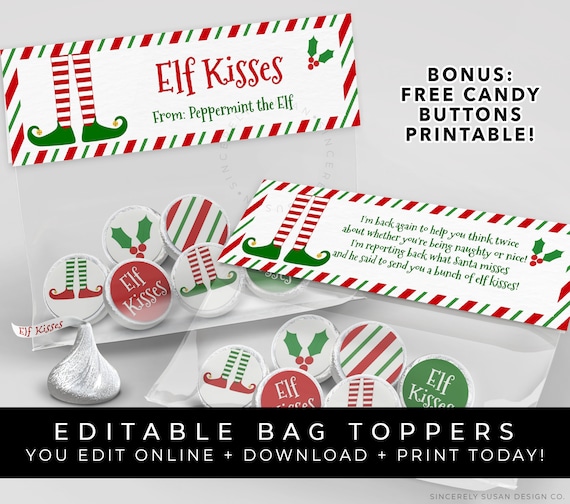 CUSTOMIZABLE Elf Kisses Bag Topper Printable Personalized Elf