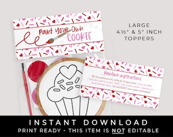 Instant Download Large Valentine Paint Your Own Cookie Bag Topper Printable, Red Pink Hearts Love PYO Cookie Toppers Favor Bag, #226BID VIP