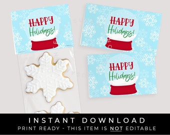 Instant Download Happy Holidays Snowglobe Cookie Bag Topper, Snowflakes Printable Christmas Mini Cookie Toppers Party Favor Tag #189HHID VIP