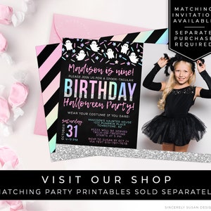 May include: A pink and black striped invitation for a Halloween birthday party. The invitation features a photo of a girl in a black tutu and a ghost graphic. The text on the invitation reads "Madison is nine! Please join us for a spook-tacular birthday Halloween party!" and includes details about the party, such as the date, time, and location.