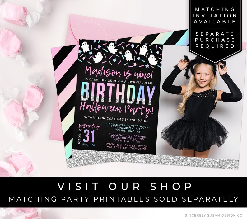 May include: A pink and black striped invitation for a Halloween birthday party. The invitation features a photo of a girl in a black tutu and a ghost graphic. The text on the invitation reads "Madison is nine! Please join us for a spook-tacular birthday Halloween party!" and includes details about the party, such as the date, time, and location.
