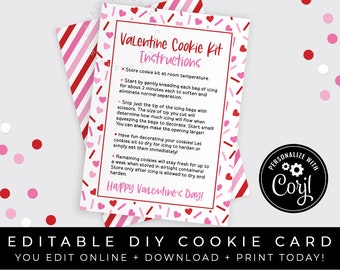 CUSTOMIZABLE Valentine DIY Cookie Kit Instructions Printable Card, Decorate Your Own Valentine Heart Cookie Decorating Kit, #226A VIP