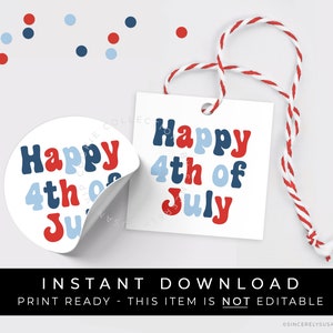 Sofortiger Download Groovy 4. Juli Cookie Anhänger zum Ausdrucken, Retro Happy Fourth of Jully Geschenkanhänger, #293AID VIP