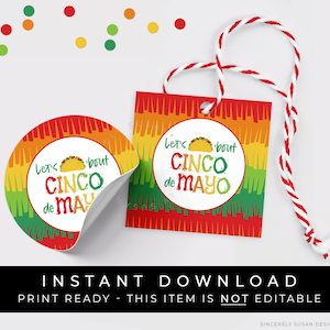 Download instantâneo Etiqueta de biscoito Cinco de Mayo, Lets Taco Bout Etiqueta de presente Piñata Cinco de Mayo, Fiesta 5 de maio feriado mexicano, # 133CPID VIP