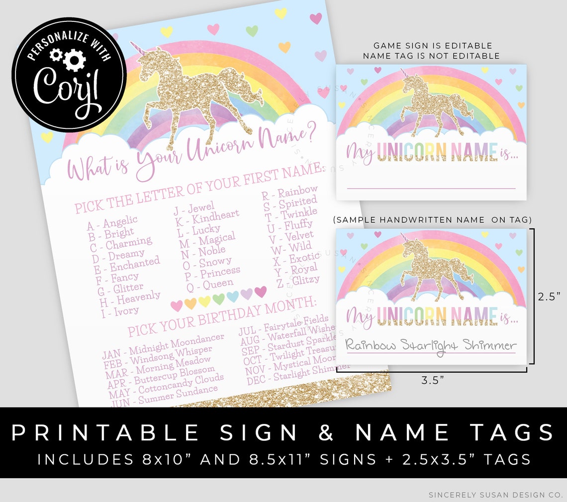 Unicorn Name Game Sign &amp; Tags Birthday Party Printable - Etsy