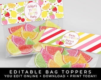 Tutti Frutti Geburtstag Party Favor Treat Bag Topper Twotti Frutti Obst Geburtstag Personalisierte druckbare bearbeitbare Vorlage Download Corjl #076