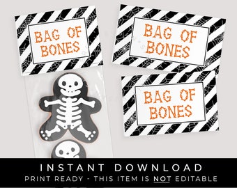 Instant Download Bag of Bones Halloween Bag Topper Printable, Halloween Skeleton Bones Treat Bag, Mini Cookie Bag Topper Tag, #280bob1ID VIP