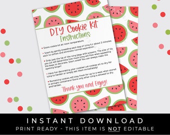 Instant Download Watermelon DIY Cookie Kit Instructions Printable Card, Pink Red Watermelon Sweet Summer Cookie Decorating Kit, #276PID VIP