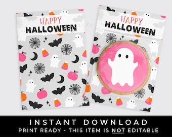Instant Download Happy Halloween Cookie Card, Printable Pink Halloween Mini Cookie Backer 3.5 x 5", #179DID VIP