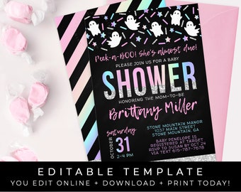 Halloween Baby Shower Invitation Girl Peek a Boo Little Ghost Pink Rainbow Printable Invite Instant Editable Template Download Corjl #079G