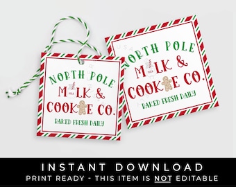 Directe download North Pole Milk & Cookie Co. tag afdrukbaar, minikoekjes van de kerstman of elf, cadeaukaartje kerstkoekje, #216DID VIP