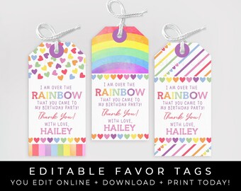 Rainbow Birthday Favor Tags Printable Thank You Gift Tag Editable Rainbow Party Decorations Instant Digital Template Download, Corjl #016