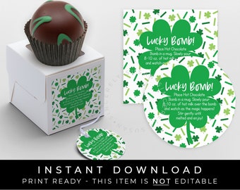 Instant Download St. Patrick's Day Hot Chocolate Bomb Tag Printable Shamrock Lucky Clover Hot Chocolate Directions Instructions, #242AID VIP