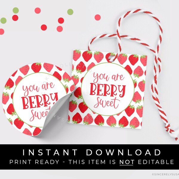 Instant Download You Are Berry Sweet Red Strawberry Cookie Tag, Summer Strawberries Cookie Treat Gift Tag, #190R1ID VIP