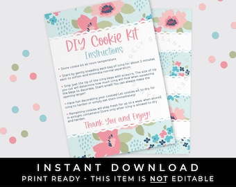 Instant Download Floral DIY Cookie Kit Instructions Card Printable, Pastel Spring Flowers Cookie Decorating Kit Instructions, #265BID VIP