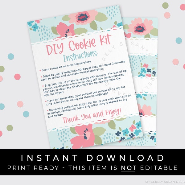 Instant Download Floral DIY Cookie Kit Instructions Card Printable, Pastel Spring Flowers Cookie Decorating Kit Instructions, #265BID VIP