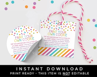 Instant Download Paint Your Own Cookie Tag, Rainbow Confetti Sprinkles PYO Cookie Instructions Printable 2" Tag, #124APYOID VIP