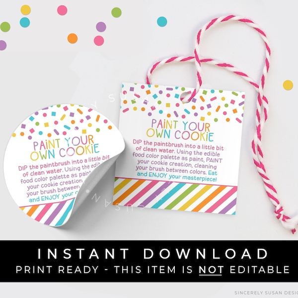 Instant Download Paint Your Own Cookie Tag, Rainbow Confetti Sprinkles PYO Cookie Instructions Printable 2" Tag, #124APYOID VIP