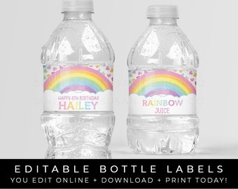 Editable Rainbow Birthday Water Bottle Labels, Printable Pastel Rainbow Hearts Party Personalized Decorations Template Download, Corjl #015