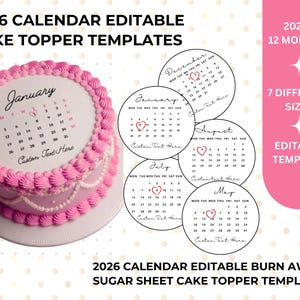 以下が含まれることがあります： 2026年1月のカレンダーデザインのピンク色のケーキと、他の月の丸いケーキトッパー。画像には「2026 Calendar Editable Cake Topper Templates」と「Editable Template」というテキストが含まれています。サイズはcmです。