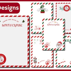 Puede incluir: Colección de seis diseños de papelería navideña. Cada diseño presenta un fondo blanco con bordes a rayas rojas y verdes. El texto incluye "From the Desk of Santa Claus" y "Elf Mail". Ilustraciones de Papá Noel, sellos y elementos navideños.