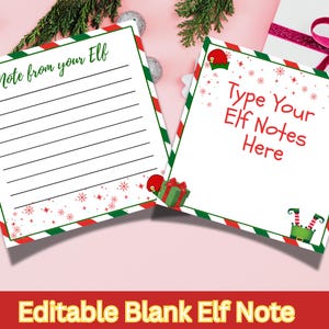 Può includere: Due biglietti bianchi a tema natalizio con bordi rossi, verdi e bianchi. Un biglietto recita "Nota dal tuo Elfo" e ha spazi a righe. L'altro dice "Digita qui le tue note dell'elfo".