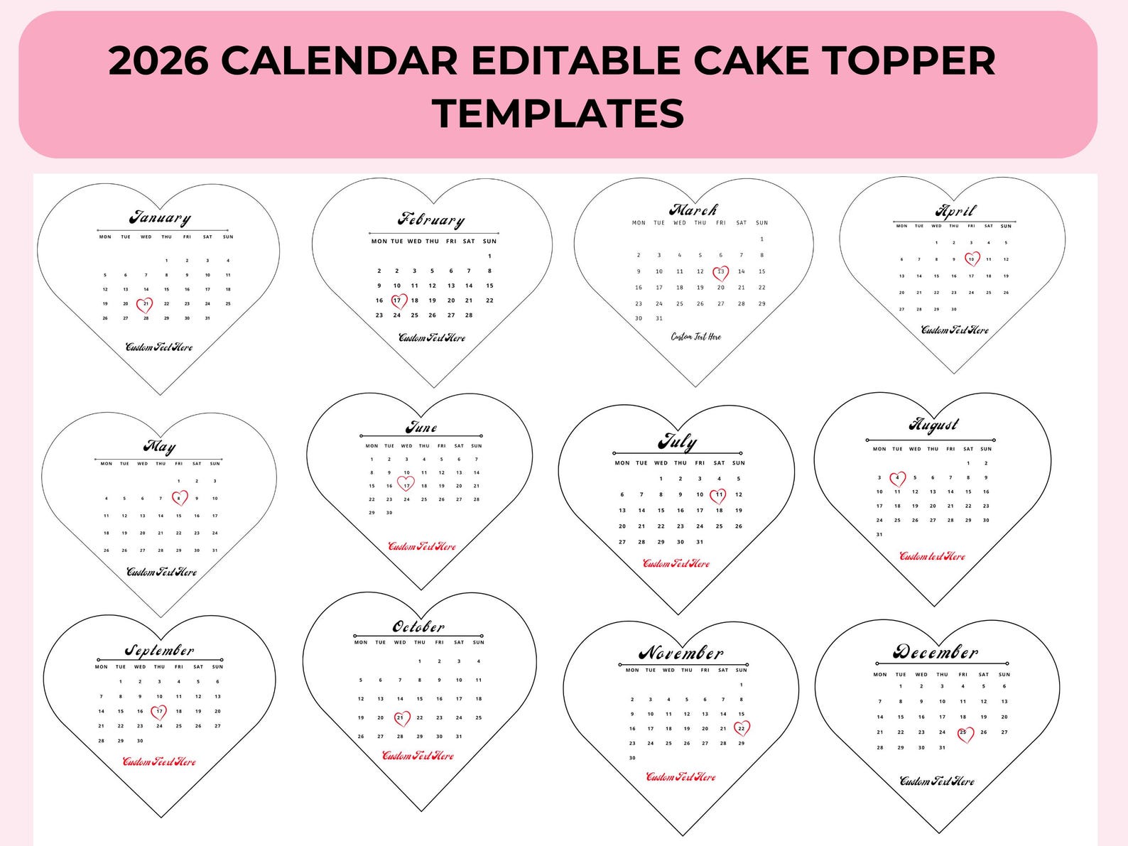 Generic Calendar Topper 2026 Custom Calendar Heart Cake Toppers, Burn Away Cake Topper Calendar ...