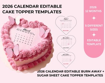 2026 Benutzerdefinierter Kalender Herz-Kuchendeckel, Geburtstags-Kuchendeckel Kalendervorlage, Geburtstagskuchen-Deckel, Canva-Vorlage zum Abbrennen