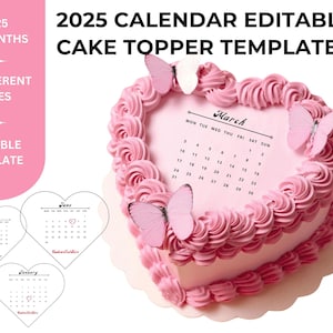 Weißer Herzform-Kuchendeckel, weißer Kuchendeckel, Kalendervorlage für 2025, Kalender 2025, bedruckbar, Canva bearbeitbar, Zuckerguss,