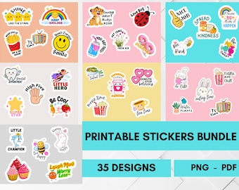 Puede incluir: Un conjunto de 35 pegatinas imprimibles con diseños lindos y coloridos. Las pegatinas incluyen varios temas como animales, comida y frases inspiradoras. Las pegatinas son perfectas para agregar un toque personal a las computadoras portátiles, botellas de agua, diarios y más.