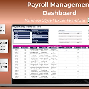 May include: A digital payroll management dashboard template displayed on a laptop screen. The Excel template features a minimal style with data fields for employee information, salary periods, and department details. The text "Payroll Management Dashboard" is at the top.
