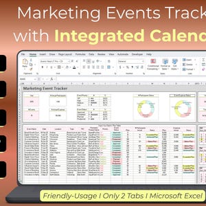 May include: A laptop screen displays a marketing events tracker with an integrated calendar. The spreadsheet includes data tables, charts, and a calendar view. Text on the screen includes "Marketing Events Tracker" and "Integrated Calendar". The interface has a pastel theme.