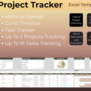 May include: A project tracker Excel template with a minimal format, Gantt timeline, and task tracker. It tracks up to 5 projects and 91 tasks. Includes tabs for project overview, project tracking, instructions, and instant download.