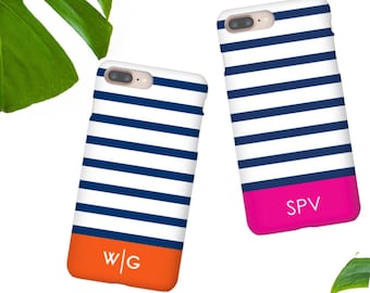 Monogram Case Personalized Custom Initial iPhone 15, 14, 13 Pro Max Mini 12, 11 Case  - Navy Stripe Choose Accent Color, Initials