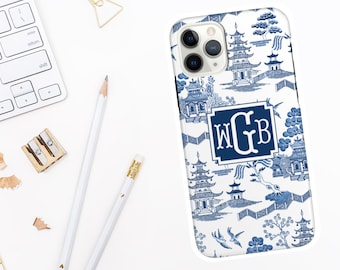 Monogram Case Personalized Chinoiserie Blue White Toile ICustom Initial iPhone 13 12 Pro Max Mini 11 Pro Max Case iPhone XS  XR XS Max -