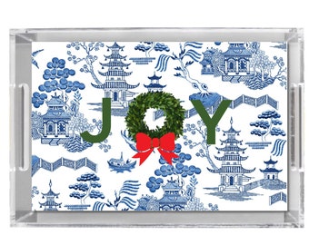 Lucite Acrylic Tray, Hostess Gift Toile Blue and White Chinoiserie Pattern w/ Monogram or Name, Outdoor entertaining, Preppy Kitchen Decor