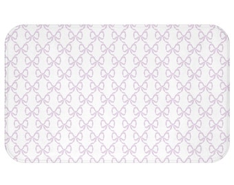 Preppy Watercolor Lavender Lilac Bows Bath Mat Plush White, Available in Two Sizes, Standard and Large - anti-slip back